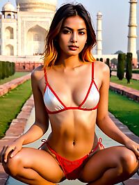 A 23 year old woman in silk lingerie poses amidst the grandeur of the Taj Mahal